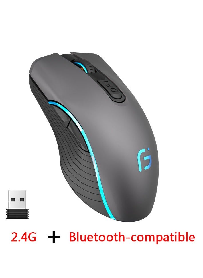 Rechargeable Computer Mouse Dual Mode Bluetooth + 2.4Ghz Wireless USB Mouse 2400DPI Optical Gaming Mouse Gamer Mice for PC Laptop (Grey) - Image 2
