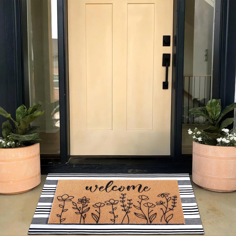 Drydiet 2 Pcs Spring Outdoor Layered Doormat Set Wildflower Welcome Coir Front Door Mat with Black White Striped Rug, Non Slip Porch Entryway Rug for Summer Indoor Outdoor Farmhouse Decor - Image 4