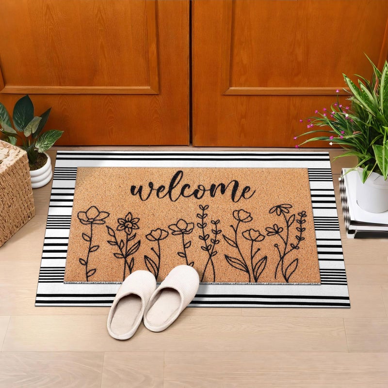 Drydiet 2 Pcs Spring Outdoor Layered Doormat Set Wildflower Welcome Coir Front Door Mat with Black White Striped Rug, Non Slip Porch Entryway Rug for Summer Indoor Outdoor Farmhouse Decor - Image 3