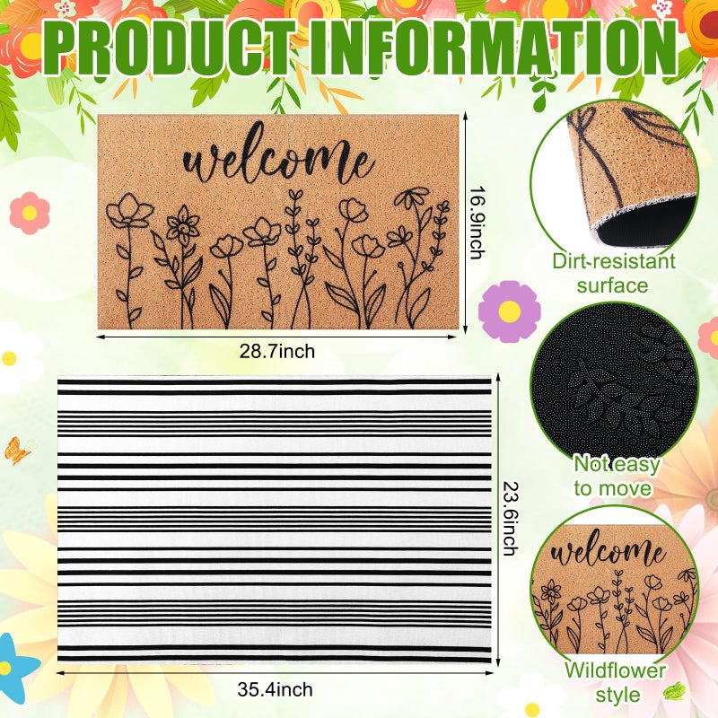Drydiet 2 Pcs Spring Outdoor Layered Doormat Set Wildflower Welcome Coir Front Door Mat with Black White Striped Rug, Non Slip Porch Entryway Rug for Summer Indoor Outdoor Farmhouse Decor - Image 5