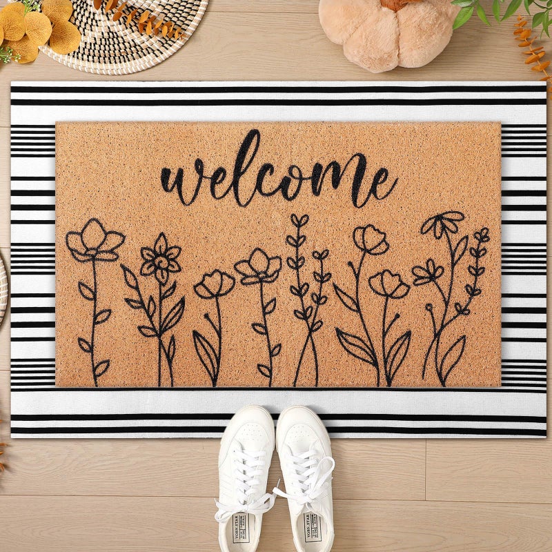 Drydiet 2 Pcs Spring Outdoor Layered Doormat Set Wildflower Welcome Coir Front Door Mat with Black White Striped Rug, Non Slip Porch Entryway Rug for Summer Indoor Outdoor Farmhouse Decor - Image 2