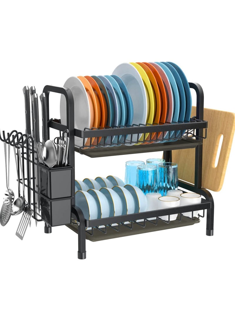 INFOSUN Dish Drying Rack, 2-Tier Dish Rack Drainboard Set, Large Rust-Proof Dish Drainer with Drip Tray Knife Holder, Cutting Board Holder for Kitchen Dish Strainers Dish Dryer Rack for Counter(Black) - Image 1