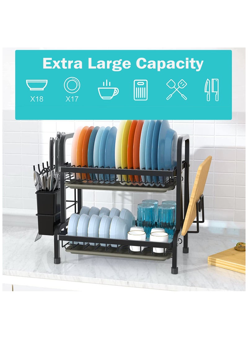 INFOSUN Dish Drying Rack, 2-Tier Dish Rack Drainboard Set, Large Rust-Proof Dish Drainer with Drip Tray Knife Holder, Cutting Board Holder for Kitchen Dish Strainers Dish Dryer Rack for Counter(Black) - Image 2