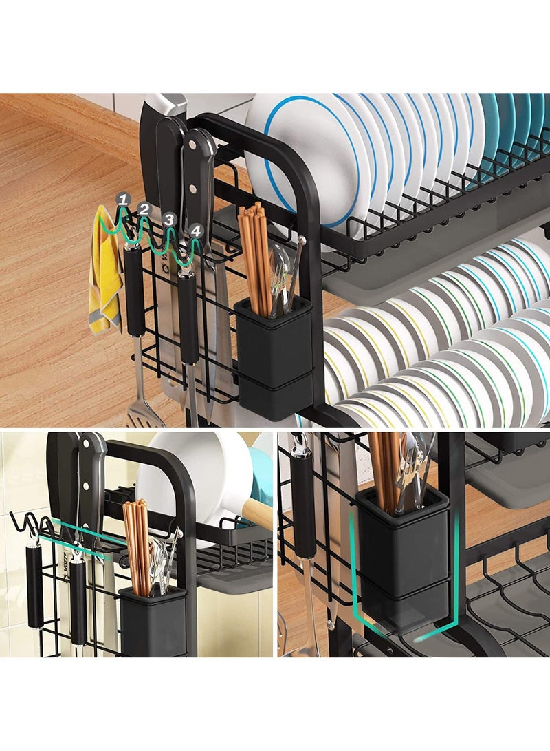 INFOSUN Dish Drying Rack, 2-Tier Dish Rack Drainboard Set, Large Rust-Proof Dish Drainer with Drip Tray Knife Holder, Cutting Board Holder for Kitchen Dish Strainers Dish Dryer Rack for Counter(Black) - Image 5