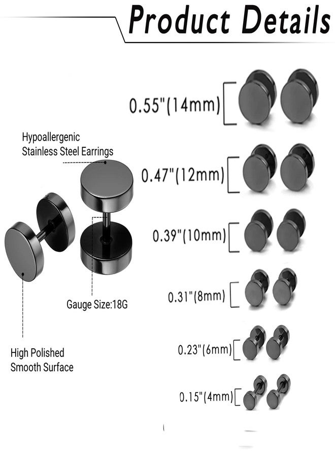 Aroncent 12PCS 6 Pairs 4-14mm Stainless Steel Black Tapers Cheater Faux Fake Ear Plugs Gauges Stud Earrings Set - Image 3