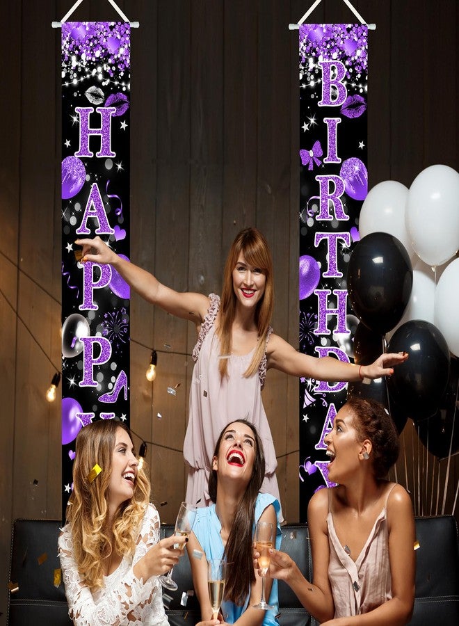 افيزانو لافتة عيد ميلاد سعيد باللون البنفسجي من أفزانو، زينة حفلات عيد ميلاد لامعة باللونين البنفسجي والأسود للفتيات والسيدات، لافتات عيد ميلاد سعيد للشرفة، مستلزمات زينة الأبواب - Image 3