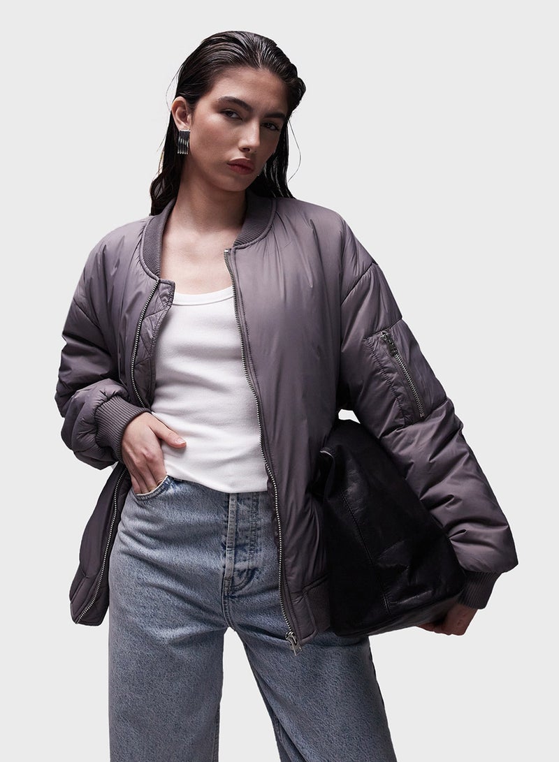 TOPSHOP Topshop nylon bomber jacket in grey - GREY  - Image 1