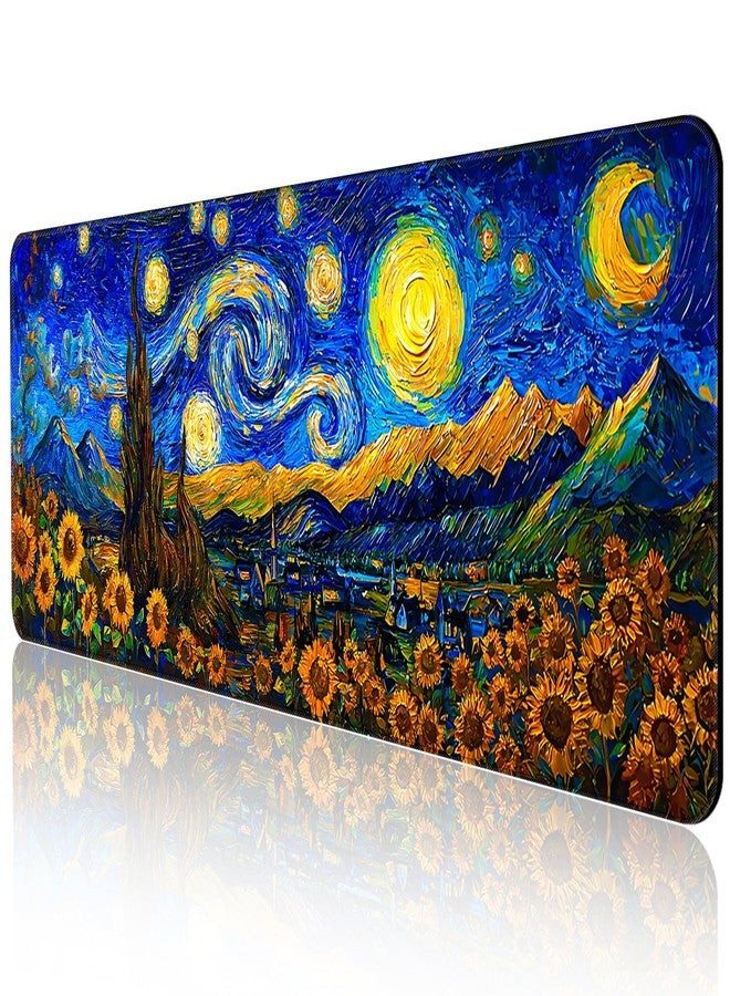 COSOW Starry Night Sunflower Design Extended Gaming Mouse Pad (31.5x11.8 in), Large Stable Rubber Base Mousepad with Stitched Edges, Keyboard Mouse Mat for Work, Game, Office, Home - Image 1