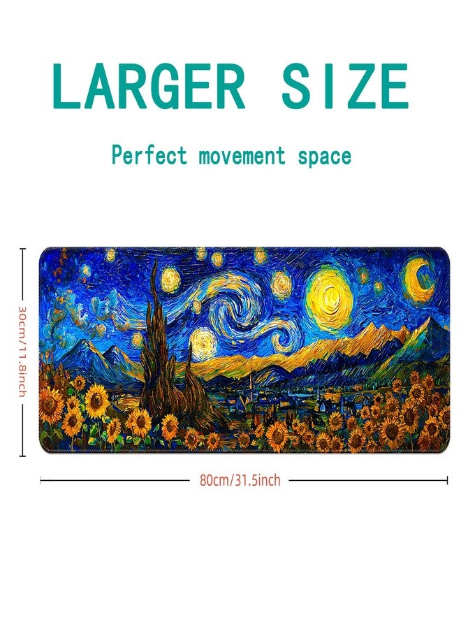 COSOW Starry Night Sunflower Design Extended Gaming Mouse Pad (31.5x11.8 in), Large Stable Rubber Base Mousepad with Stitched Edges, Keyboard Mouse Mat for Work, Game, Office, Home - Image 3