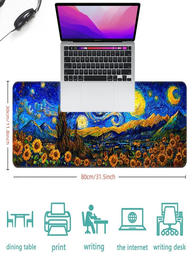 COSOW Starry Night Sunflower Design Extended Gaming Mouse Pad (31.5x11.8 in), Large Stable Rubber Base Mousepad with Stitched Edges, Keyboard Mouse Mat for Work, Game, Office, Home - Image 4