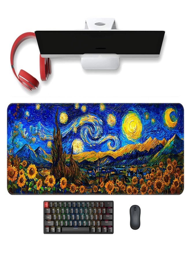COSOW Starry Night Sunflower Design Extended Gaming Mouse Pad (31.5x11.8 in), Large Stable Rubber Base Mousepad with Stitched Edges, Keyboard Mouse Mat for Work, Game, Office, Home - Image 2