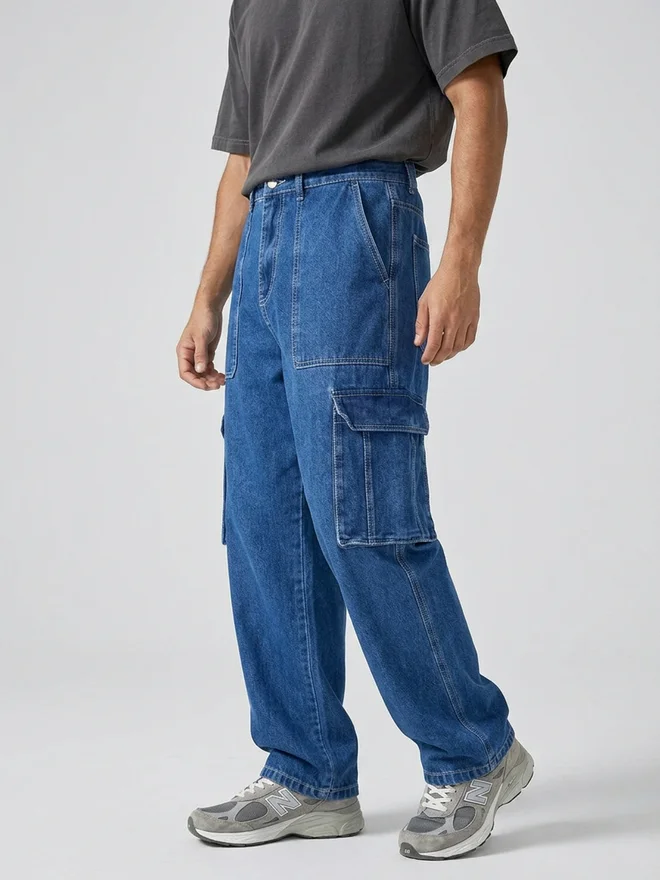 Styli blue Men Baggy Cargo Jeans with Pockets for Men | Best Price UAE
