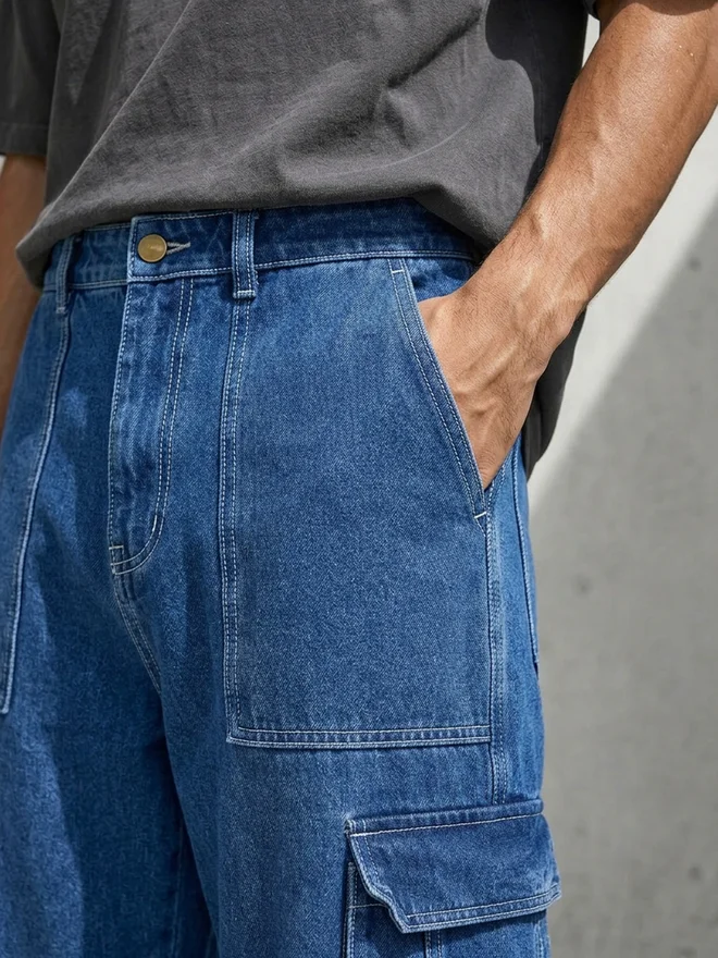 Styli blue Men Baggy Cargo Jeans with Pockets for Men | Best Price UAE