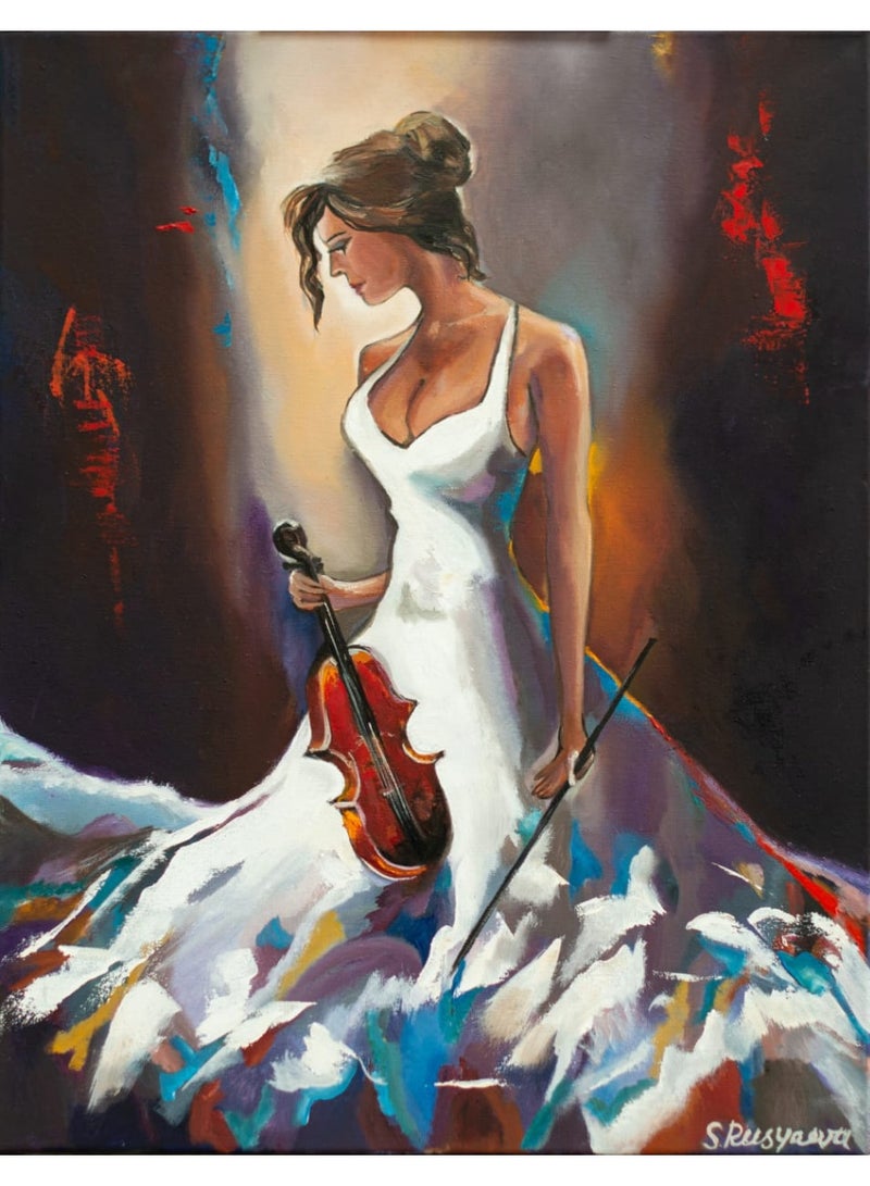 Girl with Violin Oil Painting: Abstract Impressionism, Musician Wall Art - Image 1