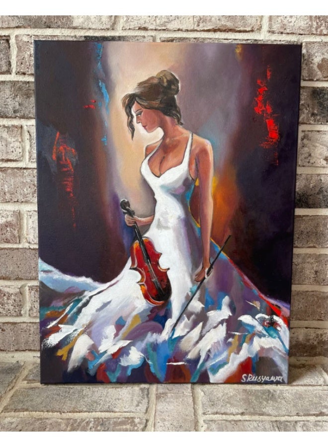 Girl with Violin Oil Painting: Abstract Impressionism, Musician Wall Art - Image 3