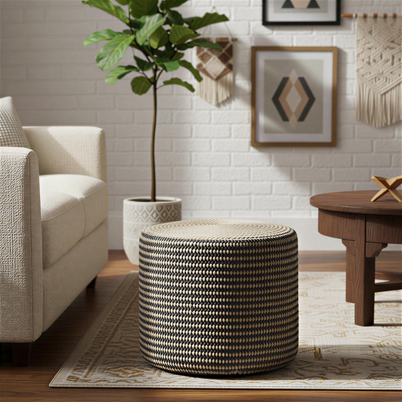 Simpli Home SIMPLIHOME Larissa Round Pouf - 18 inch Wide Hand Braided Jute Ottoman in Sandy Natural/Ebony, Boho Footstool or Extra Seating for Living Room or Kids Room with Polystyrene Bead Filling, Assembled - Image 1