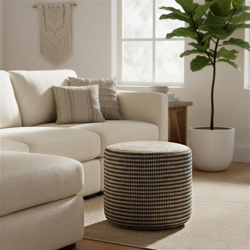 Simpli Home SIMPLIHOME Larissa Round Pouf - 18 inch Wide Hand Braided Jute Ottoman in Sandy Natural/Ebony, Boho Footstool or Extra Seating for Living Room or Kids Room with Polystyrene Bead Filling, Assembled - Image 2