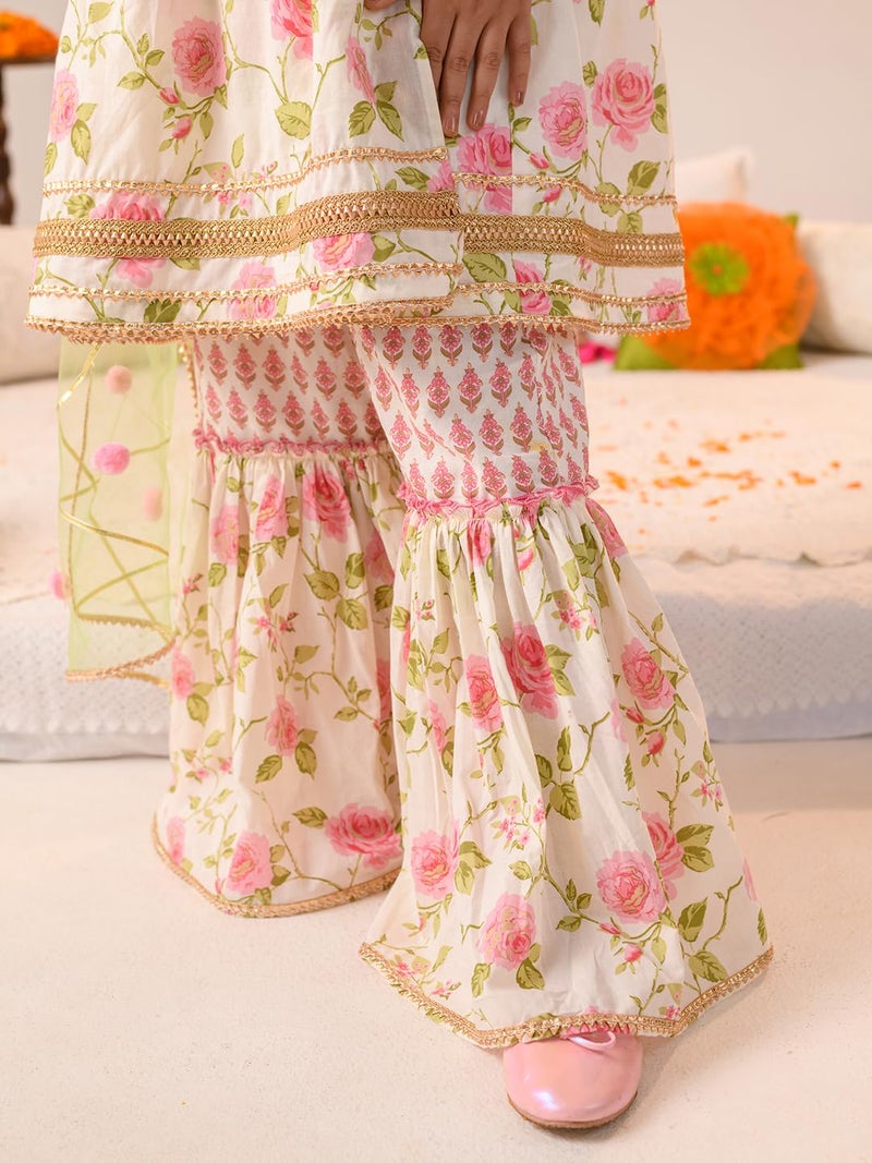Pspeaches Girls Cotton 3/4th Sleeve V-Neck Floral Print Kurta And Sharara With Dupatta 3 Piece Set|Ethnic Wear For Kids Girls|Traditional & Festive Outfit 7-8 Year Pink & Off White - Image 3