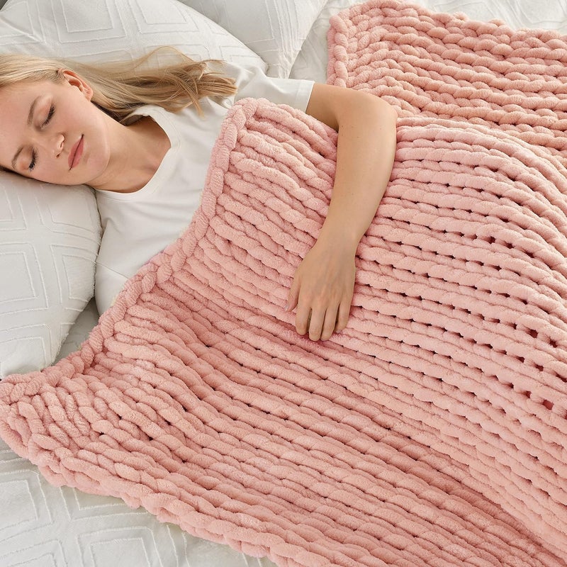 Maetoow Tighter Version Chenille Chunky Knit Blanket Throw 50×60 Inch, Handmade Warm & Cozy Blanket Couch, Bed, Home Decor, Soft Fleece Banket, Boho Thick Blankets and Giant Yarn Throws, Rose Pink - Image 1