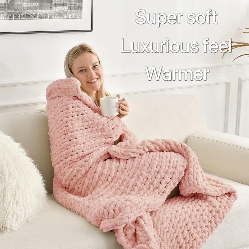 Maetoow Tighter Version Chenille Chunky Knit Blanket Throw 50×60 Inch, Handmade Warm & Cozy Blanket Couch, Bed, Home Decor, Soft Fleece Banket, Boho Thick Blankets and Giant Yarn Throws, Rose Pink - Image 3