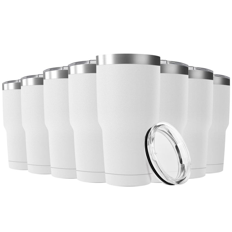 Deitybless 30oz Stainless Steel Travel Mug with Lid 8 Pack Double Wall Vacuum Insulated Bulk Tumbler Powder Coated Coffee Cup Suitable for Vehicle Cup HoldersWhite