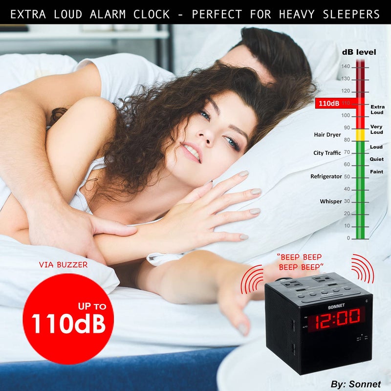 Sonnet Alarm Clock Charging Station, AM FM Radio, Dual USB Charging Ports, Dual AC Outlets, Very Loud Alarm Clock for Heavy Sleepers and The Hearing Impaired for Desk, Bedroom - Image 4