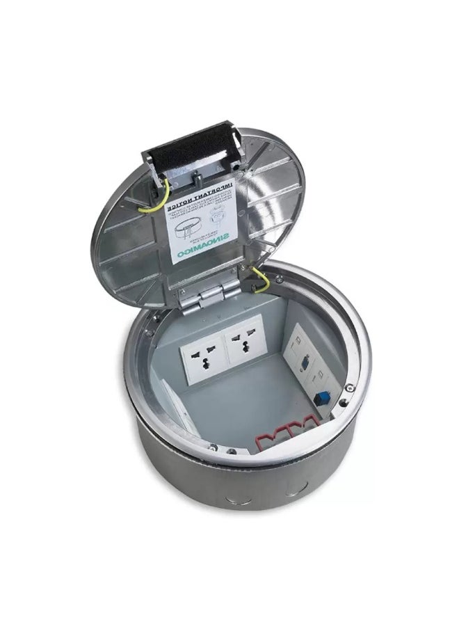 Elitco Elitco - Round 8 Module Capacity Open Type Floor Outlet Box, 6F x Type Universal Socket + 4 x RJ45, Recessed Pull-Up Handle Type, Attractive & Cost-Effective, Silver Color Aluminum Material 