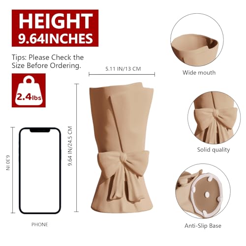Relexome Beige Ceramic Bow Vase 964 in Unique Cute Modern Decorative Bouquet Flower Vases for Home Living Room Table Decor Women Girl Gifts - Image 3