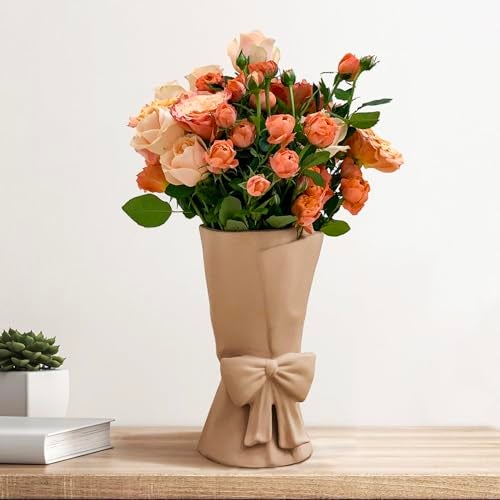 Relexome Beige Ceramic Bow Vase 964 in Unique Cute Modern Decorative Bouquet Flower Vases for Home Living Room Table Decor Women Girl Gifts - Image 1