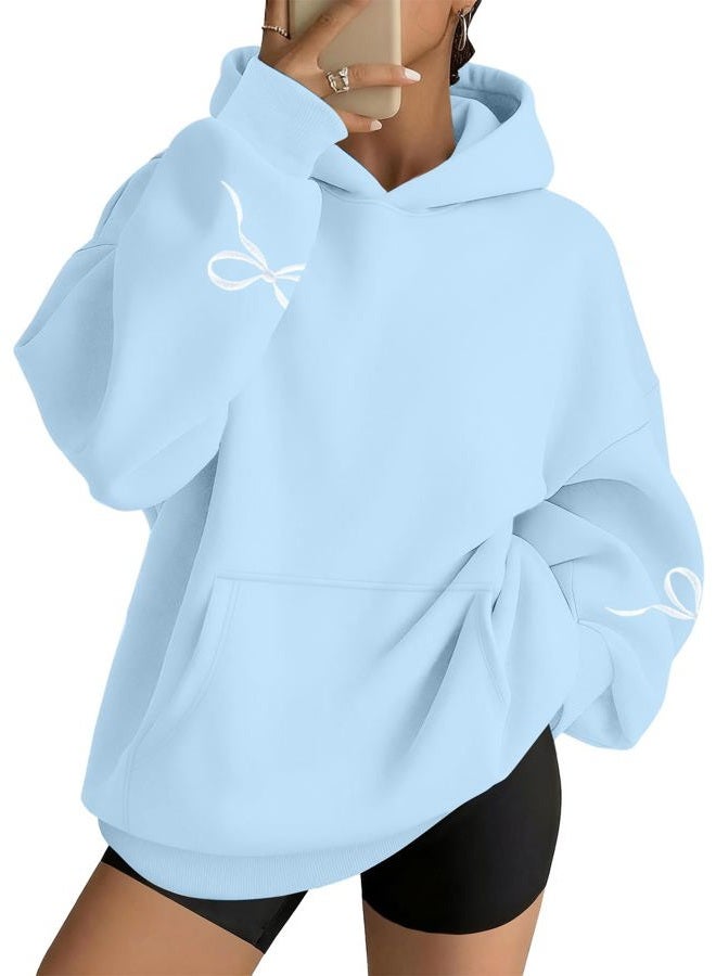 MAXIMGR Oversized Bow Trim Print Hoodies Embroidered Pink Bow Sweatshirt Coquette Sweater Drop Shoulder Pullover Top, Blue, L - Image 2