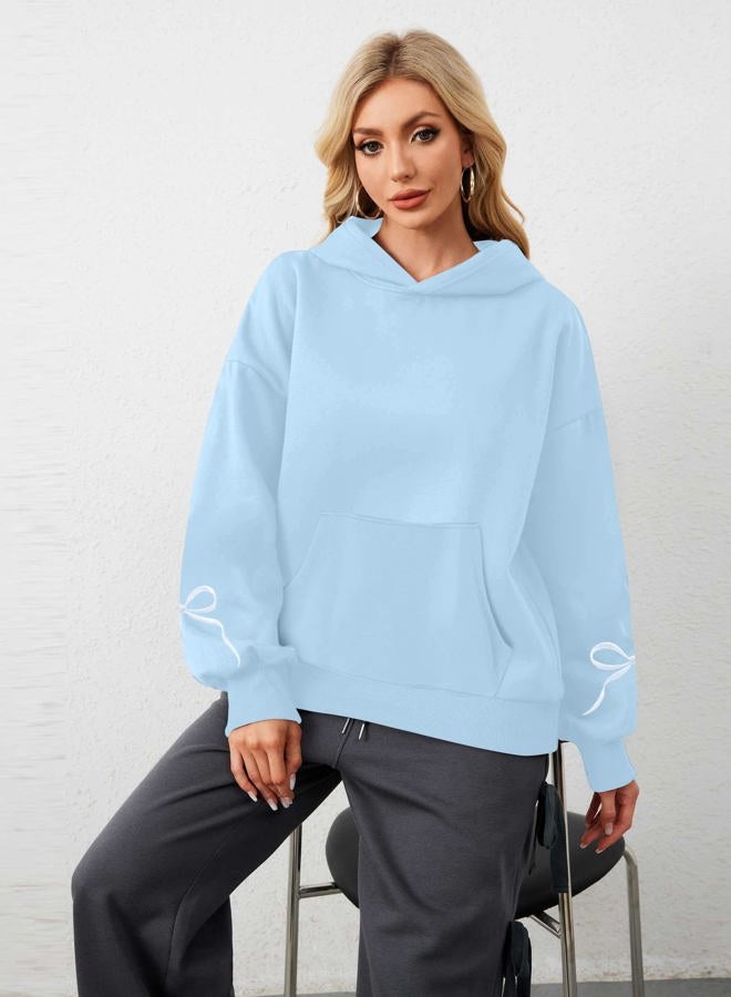 MAXIMGR Oversized Bow Trim Print Hoodies Embroidered Pink Bow Sweatshirt Coquette Sweater Drop Shoulder Pullover Top, Blue, L - Image 4