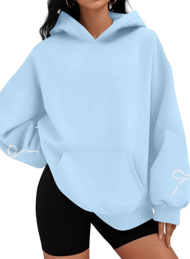 MAXIMGR Oversized Bow Trim Print Hoodies Embroidered Pink Bow Sweatshirt Coquette Sweater Drop Shoulder Pullover Top, Blue, L - Image 1