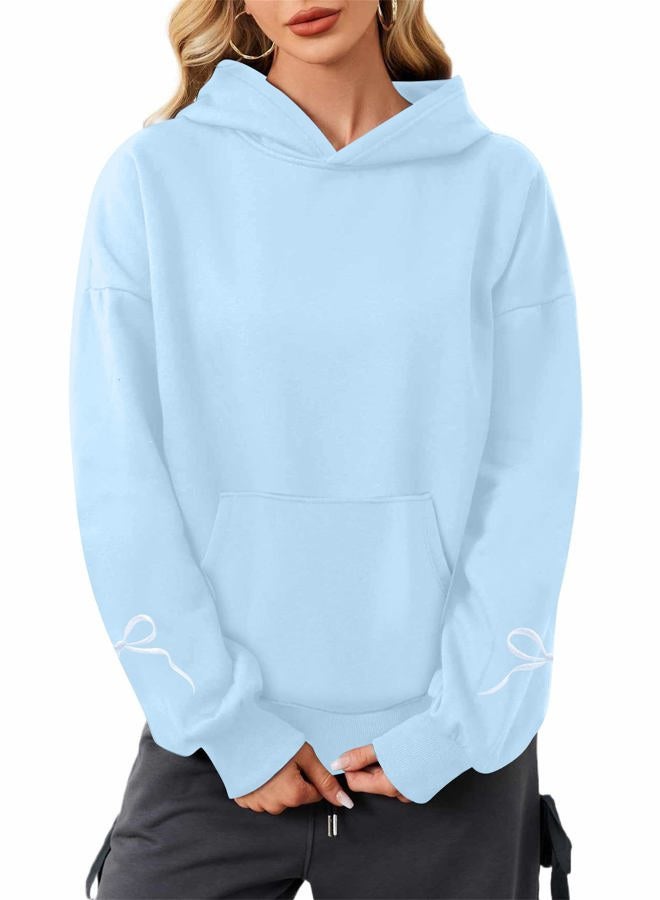 MAXIMGR Oversized Bow Trim Print Hoodies Embroidered Pink Bow Sweatshirt Coquette Sweater Drop Shoulder Pullover Top, Blue, L - Image 3