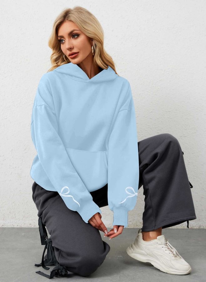 MAXIMGR Oversized Bow Trim Print Hoodies Embroidered Pink Bow Sweatshirt Coquette Sweater Drop Shoulder Pullover Top, Blue, L - Image 5