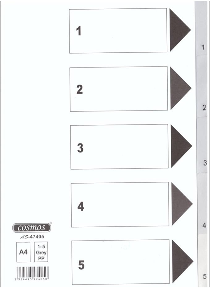 COSMOS COSMOS PVC INDEX DIVIDERS 1-5 GRAY COLOUR TABS WITH NUMBER. 1X50PCS 