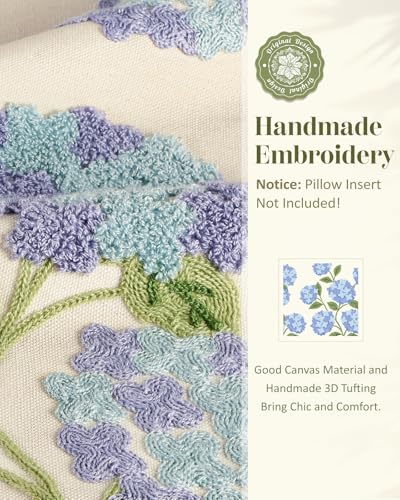 Kokaaee Embroidered Throw Pillow Cover 18x18 Decorative Pillow Cover with Zipper Aesthetic Cute Design Boho Spring Summer Cozy Throw Pillowcase for Living Room Couch Sofa Bed Blue Hydrangea - Image 3