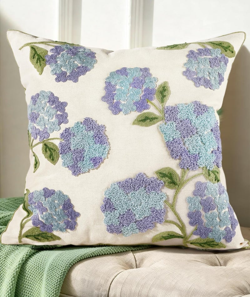 Kokaaee Embroidered Throw Pillow Cover 18x18 Decorative Pillow Cover with Zipper Aesthetic Cute Design Boho Spring Summer Cozy Throw Pillowcase for Living Room Couch Sofa Bed Blue Hydrangea - Image 2