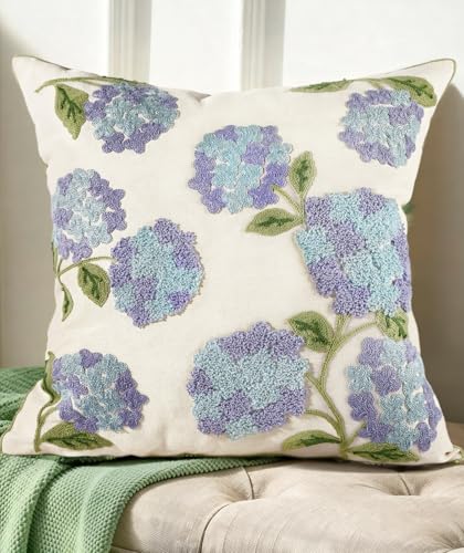 Kokaaee Embroidered Throw Pillow Cover 18x18 Decorative Pillow Cover with Zipper Aesthetic Cute Design Boho Spring Summer Cozy Throw Pillowcase for Living Room Couch Sofa Bed Blue Hydrangea - Image 1