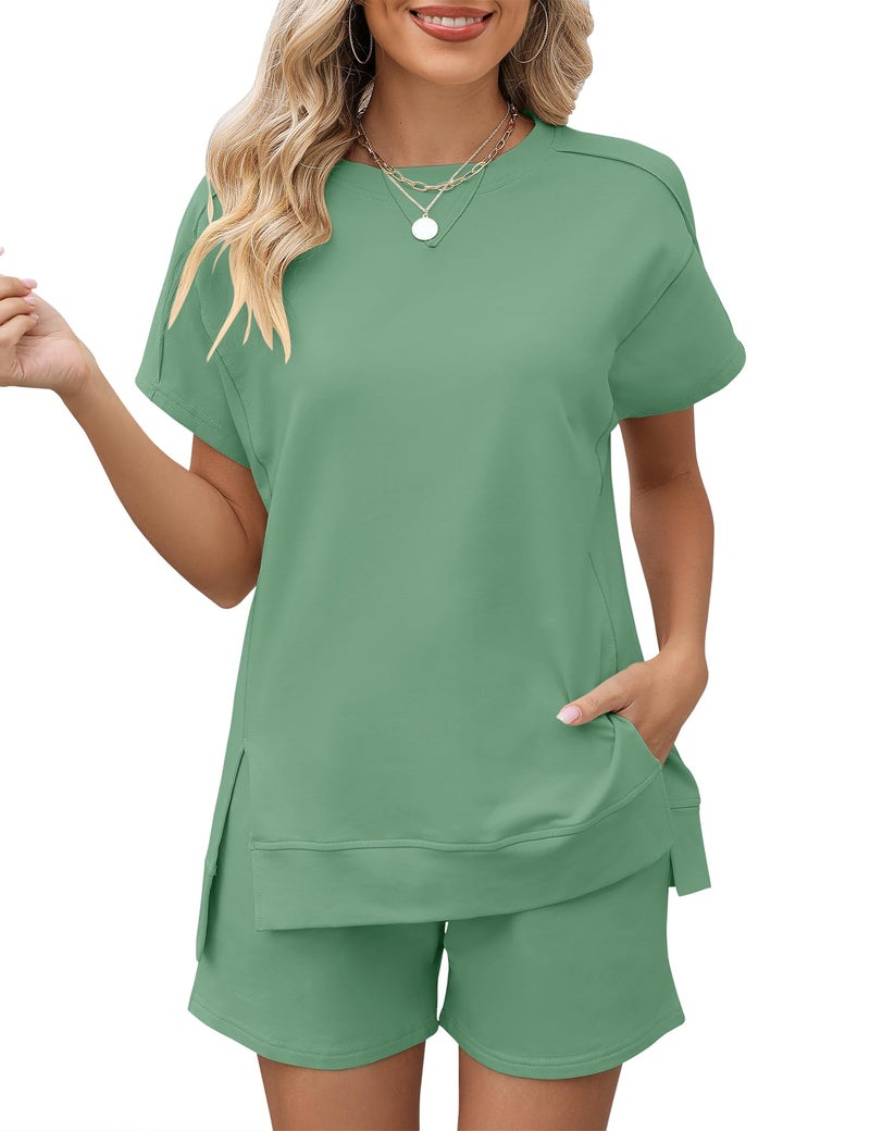 LOMON Womens Sets 2 Piece Outfits Summer Short Sleeve Pink Lounge Sets High Waist Drawstring Shorts Sweatsuits(Gray Green,L) - Image 1