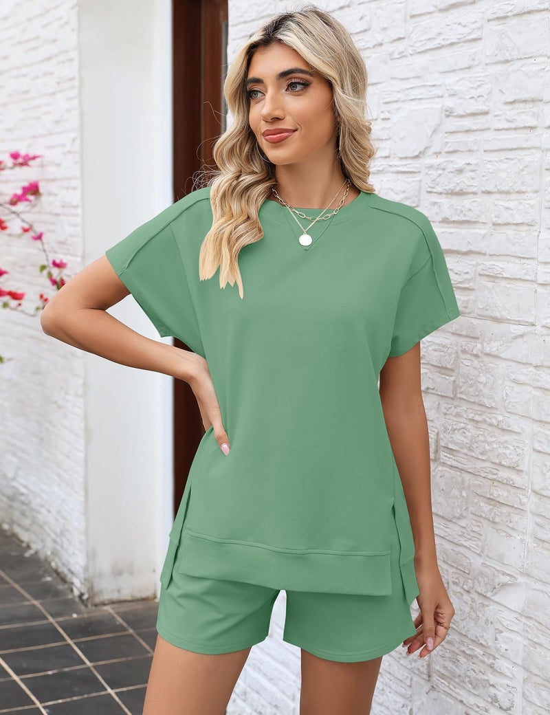 LOMON Womens Sets 2 Piece Outfits Summer Short Sleeve Pink Lounge Sets High Waist Drawstring Shorts Sweatsuits(Gray Green,L) - Image 2