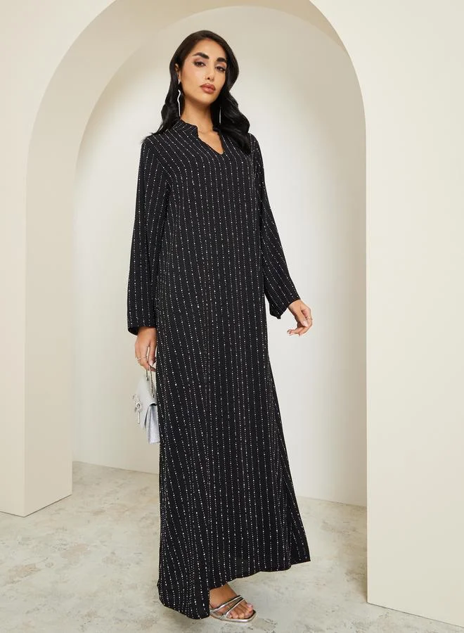 Women Crystal Embellished Jalabiya with Stand Collar