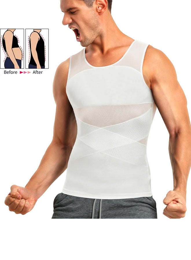 Men's Compression Shapewear Tank Top – Slimming Undershirt Vest for Chest and Tummy Control, Sleeveless Body Shaper (White) - Image 1