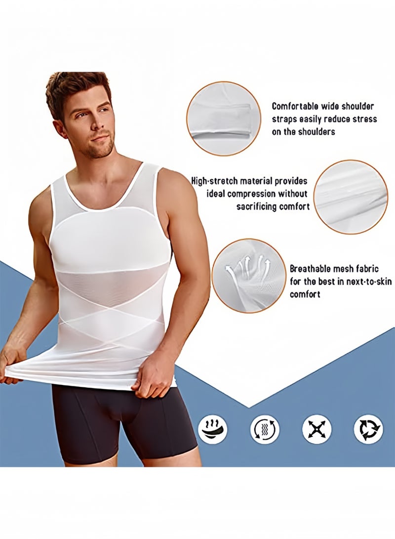 Men's Compression Shapewear Tank Top – Slimming Undershirt Vest for Chest and Tummy Control, Sleeveless Body Shaper (White) - Image 3