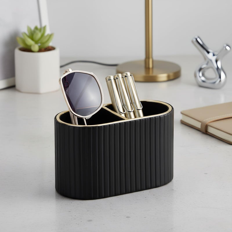 KINGFOM PU Leather Desk Organizer Pen Holder â€“ Dual-Compartment Stylish Pencil Cup Remote Control Holder Desktop Supplies and Accessories Organizer Caddy for Office Home School (Black) - Image 3