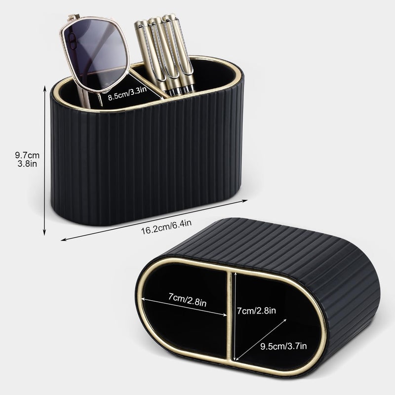 KINGFOM PU Leather Desk Organizer Pen Holder â€“ Dual-Compartment Stylish Pencil Cup Remote Control Holder Desktop Supplies and Accessories Organizer Caddy for Office Home School (Black) - Image 2