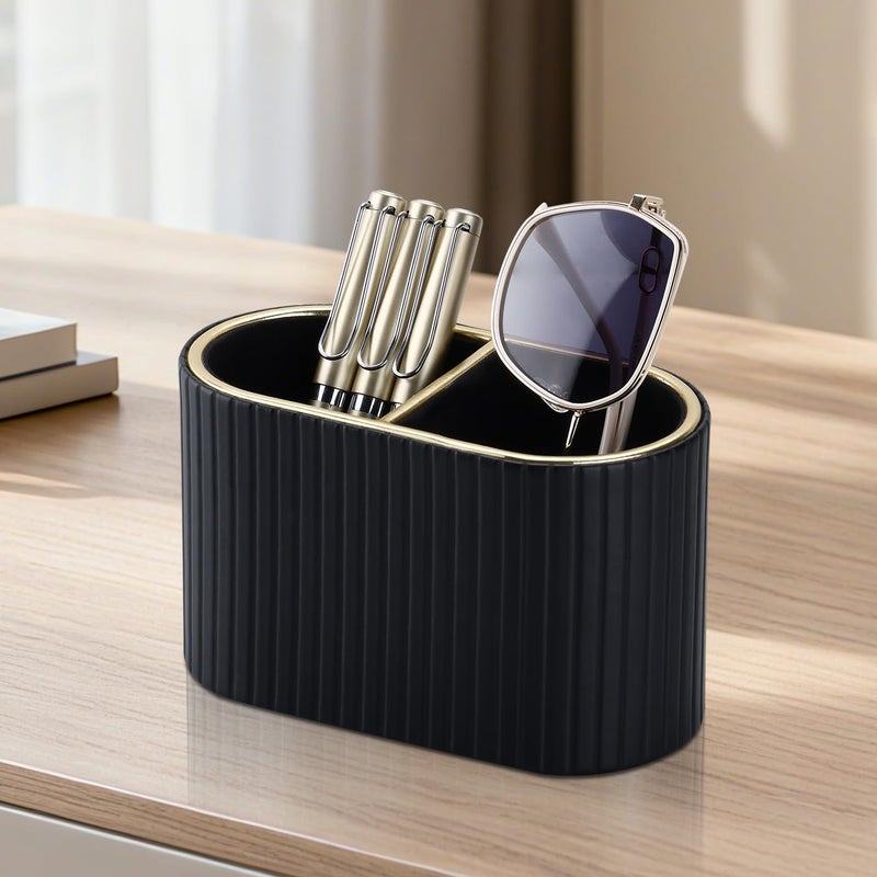 KINGFOM PU Leather Desk Organizer Pen Holder â€“ Dual-Compartment Stylish Pencil Cup Remote Control Holder Desktop Supplies and Accessories Organizer Caddy for Office Home School (Black) - Image 5