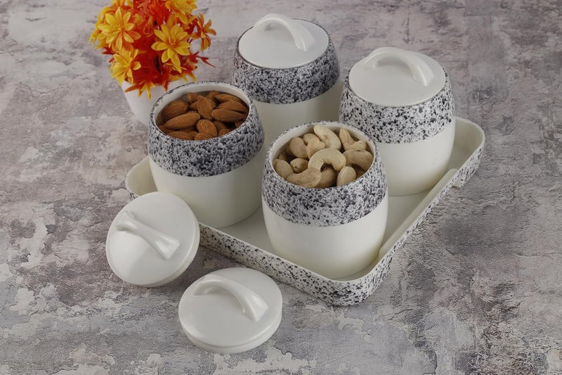 Nabhya Plastic 4pc Set Round Shape Dry Fruit Gifting Storage Container Jar Box With Serving Tray For Serving Sweets, Chocolates (Black, Pack of 4) - Image 1