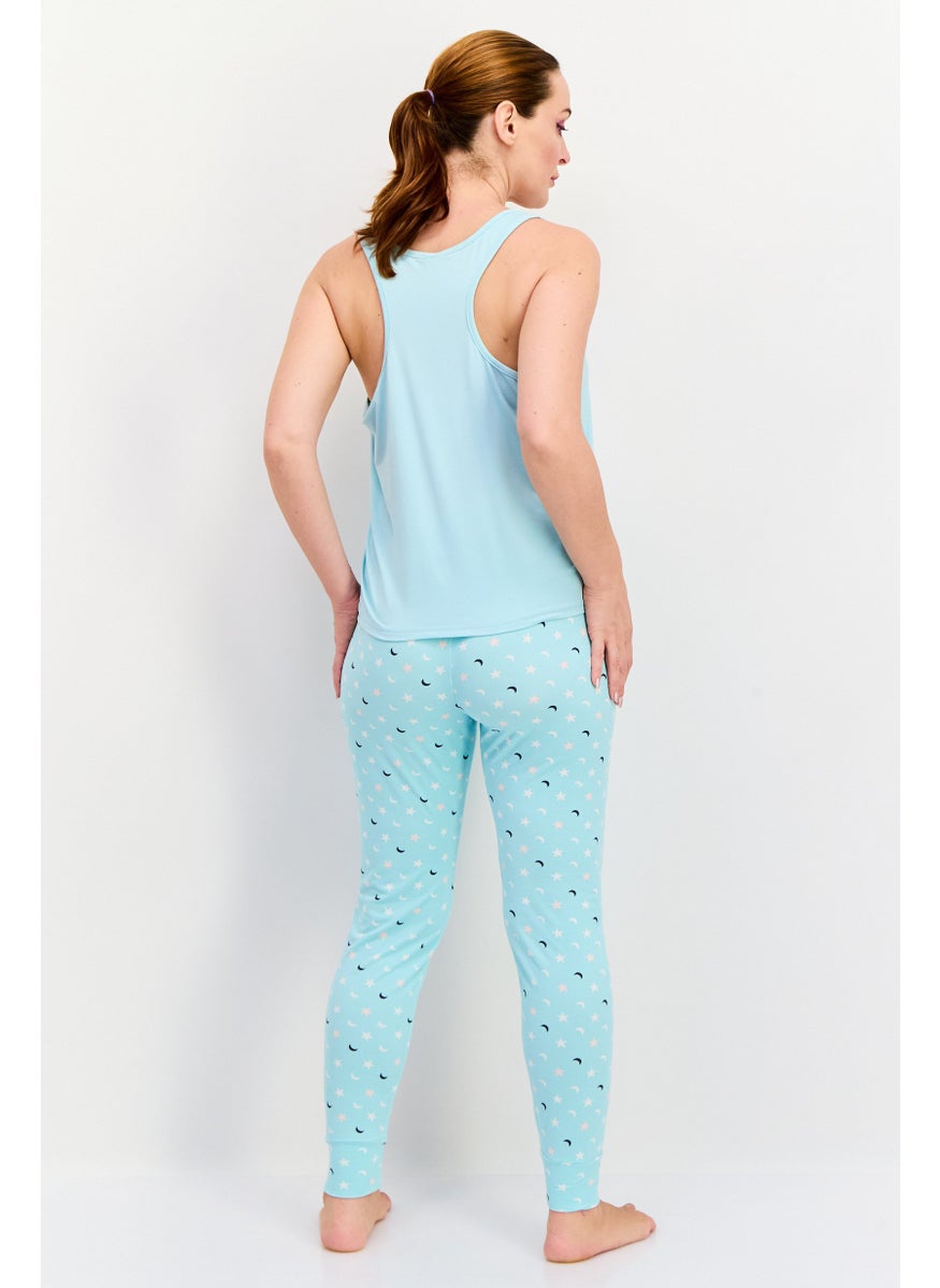 French Affair Women 2 Pieces Printed Top And Pajama Set, Turquoise  - Image 4