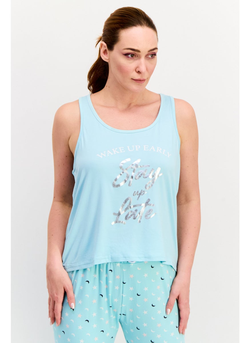 French Affair Women 2 Pieces Printed Top And Pajama Set, Turquoise  - Image 2