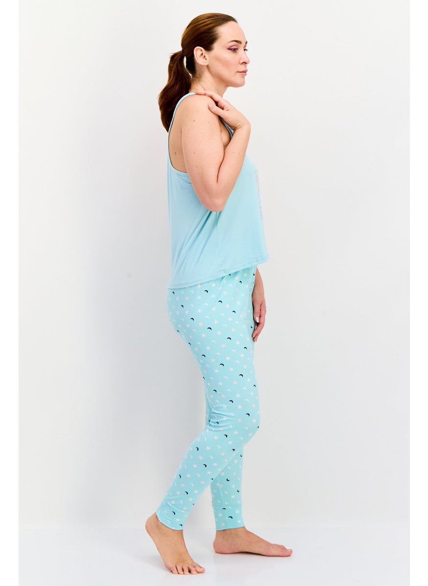 French Affair Women 2 Pieces Printed Top And Pajama Set, Turquoise  - Image 3